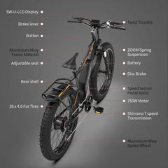 Aostirmotor S07-B 48V/13Ah 750W Fat Tire Electric Mountain Bike 160452- naming product parts