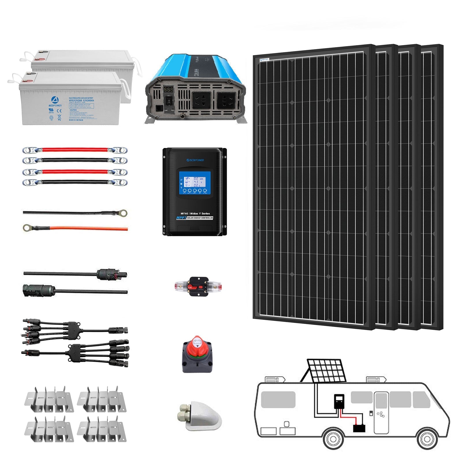 ACOPOWER 400W Monocrystalline RV Solar Power System HY-400AH3KW-400WMB