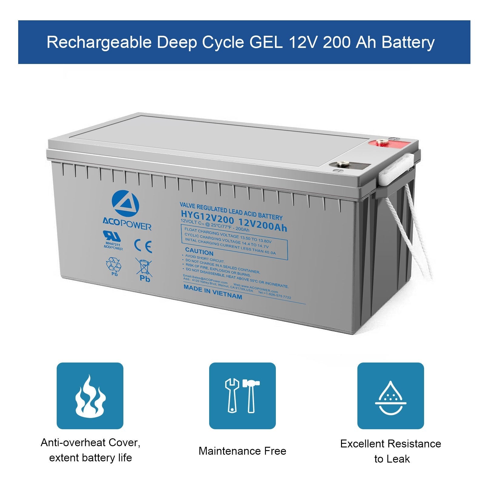 ACOPOWER HYG12-200Ah 12V/200Ah Rechargeable Gel Deep Cycle Battery HYG12V200