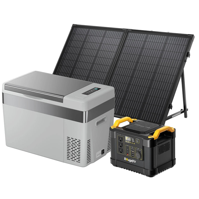 BougeRV 1100Wh Power Station + 130W Solar Panel + 1x 30 Quarts Solar Fridge Freezer Travel Kit