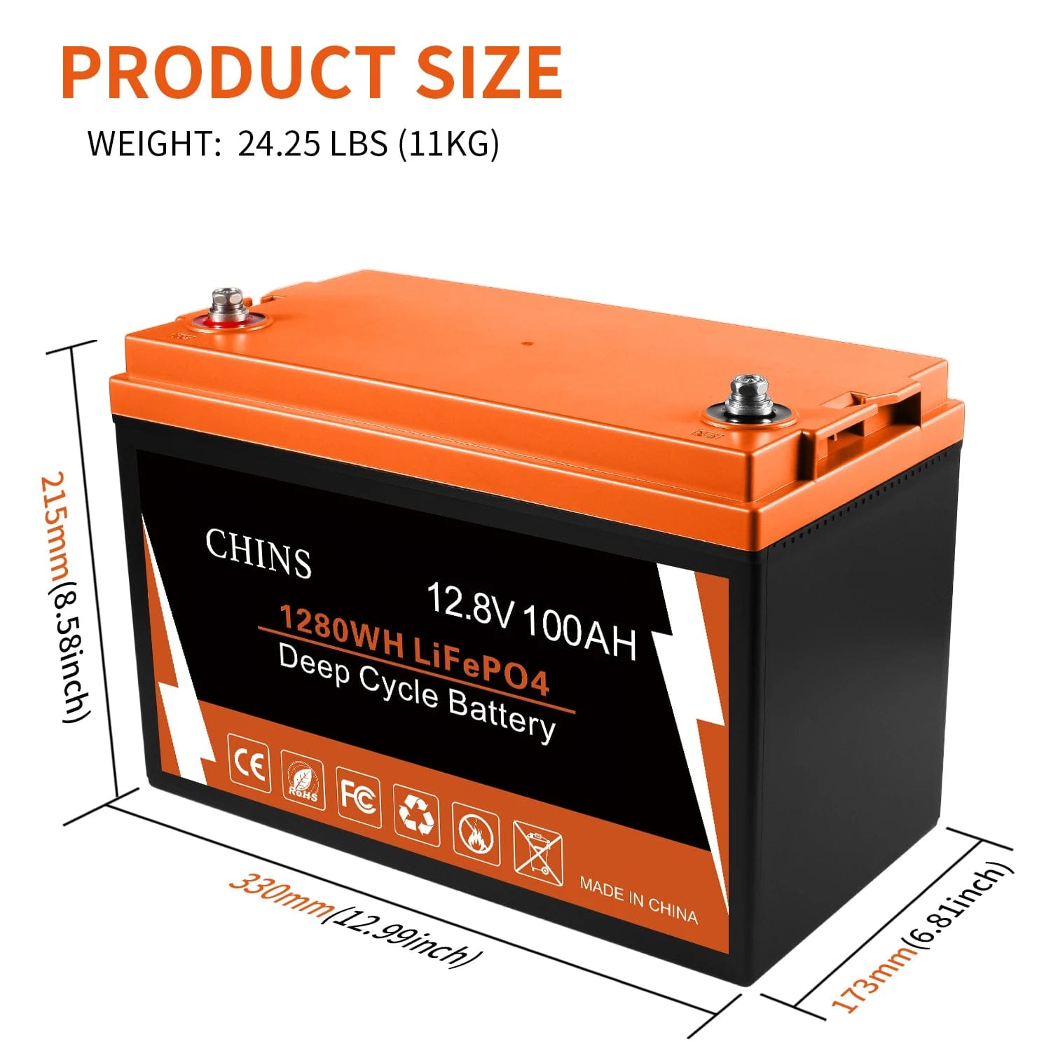 Chins Smart 12.8V/100Ah LiFePO4 Deep Cycle Battery