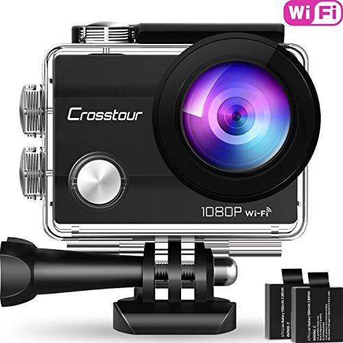 Crosstour Action Camera 1080P Full HD Wi-Fi 14MP PC Webcam Waterproof Cam 2" LCD 30m Underwater 170°Wide-Angle Sports Camera with 2 Rechargeable 1050mAh Batteries and Mounting Accessory Kits