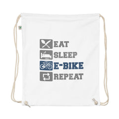 Eat Sleep E-bike Repeat EarthPositive EP76 Organic Cotton Drawstring Bag