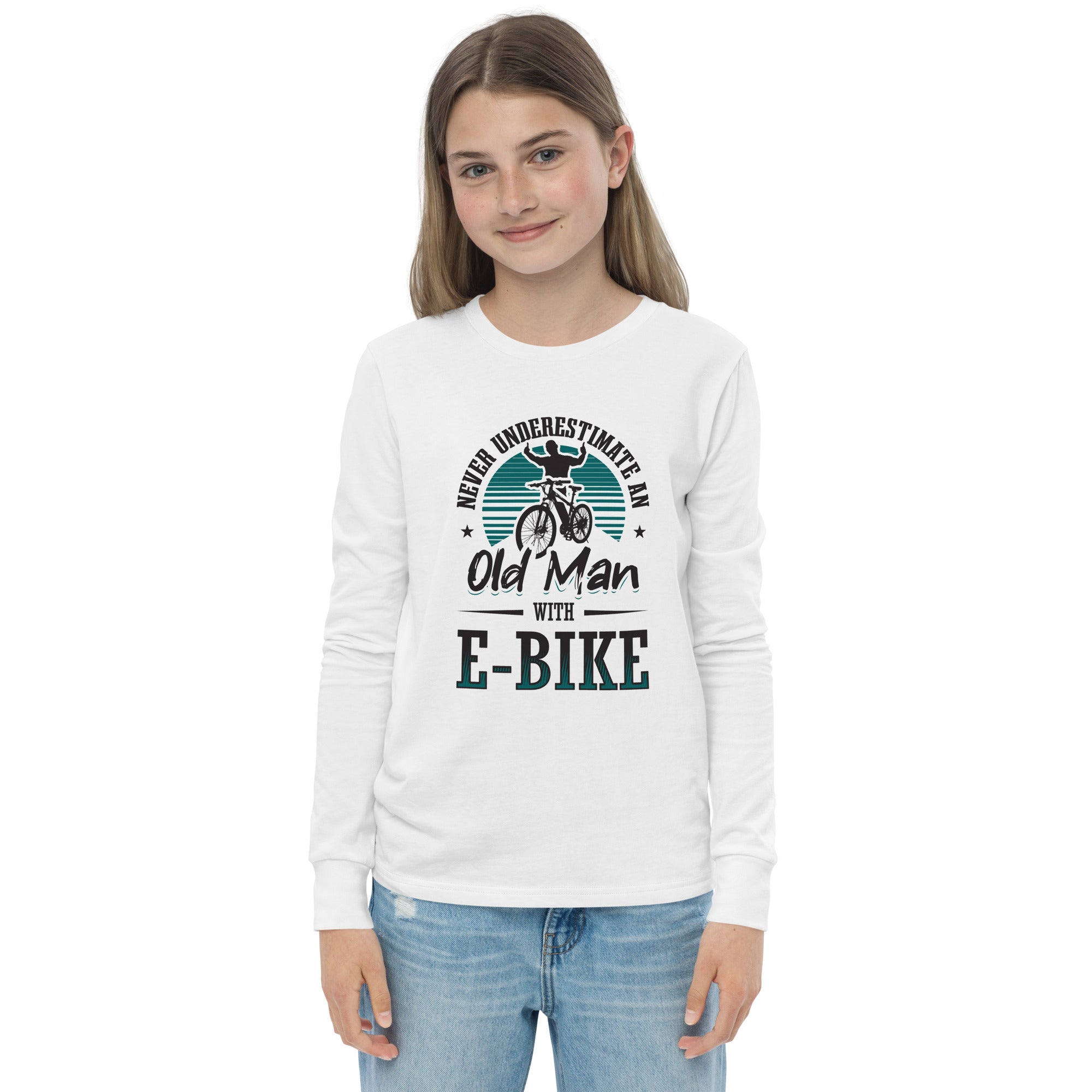 Never Underestimate an Old Man with an E-bike Bella + Canvas 3501Y Kid's Long Sleeve Tee White