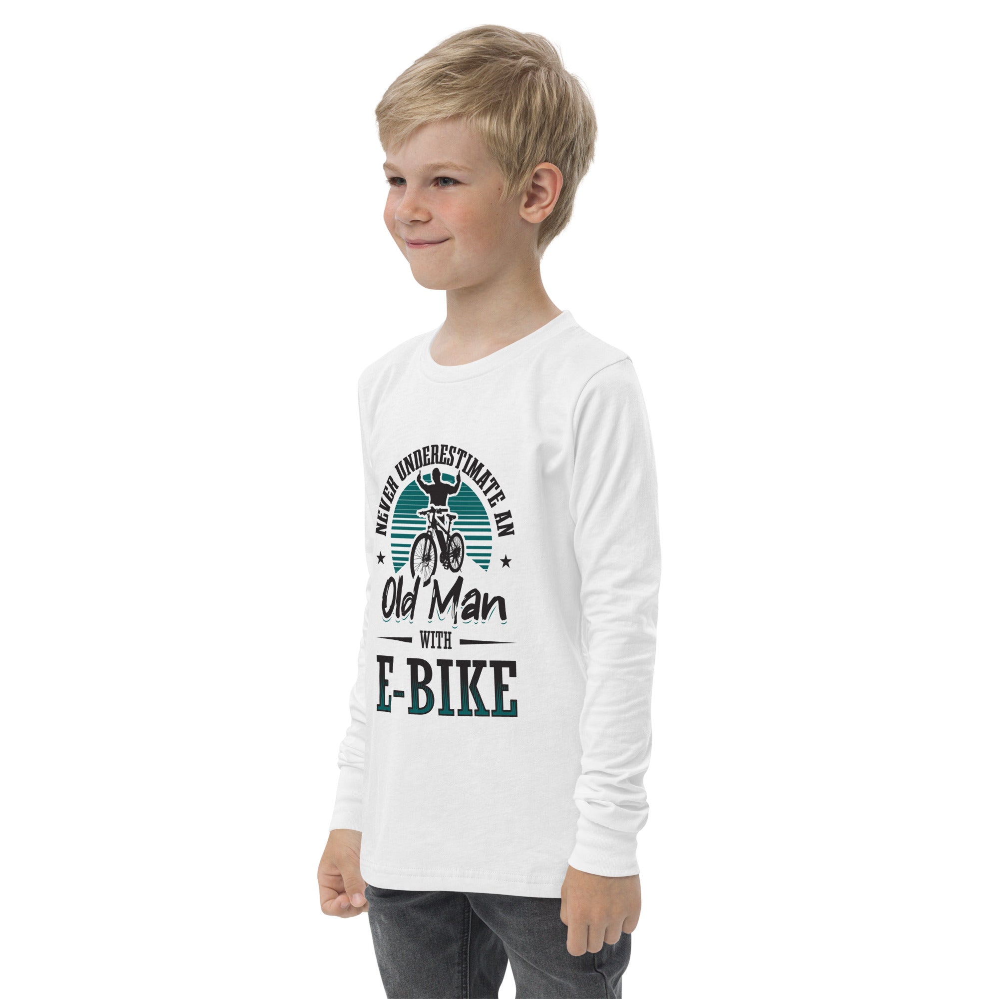 Never Underestimate an Old Man with an E-bike Bella + Canvas 3501Y Kid's Long Sleeve Tee White
