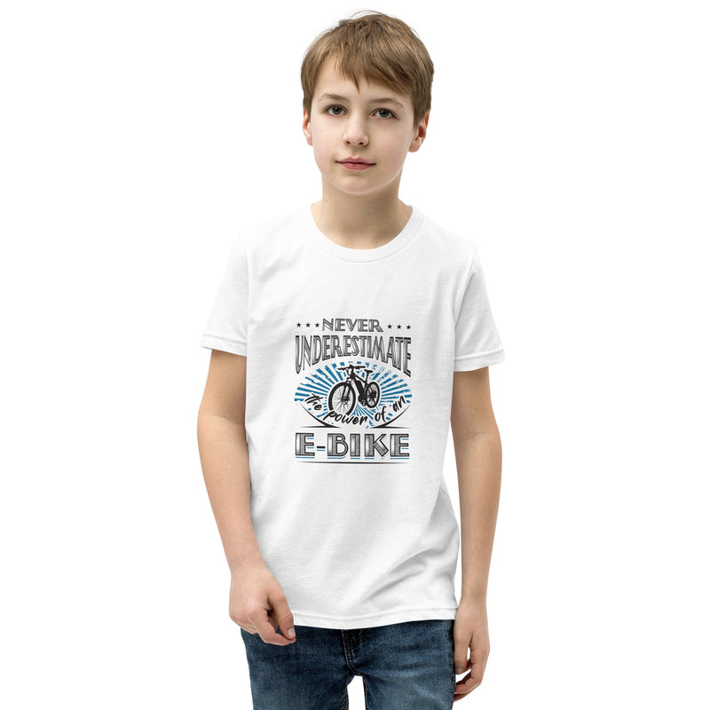 Never Underestimate the Power of an E-bike Bella + Canvas 3001Y Kid's Short Sleeve T-Shirt White