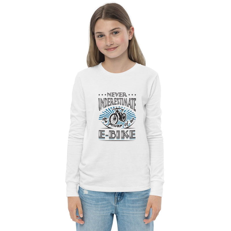Never Underestimate the Power of an E-bike Bella + Canvas 3501Y Kid's Long Sleeve Tee White