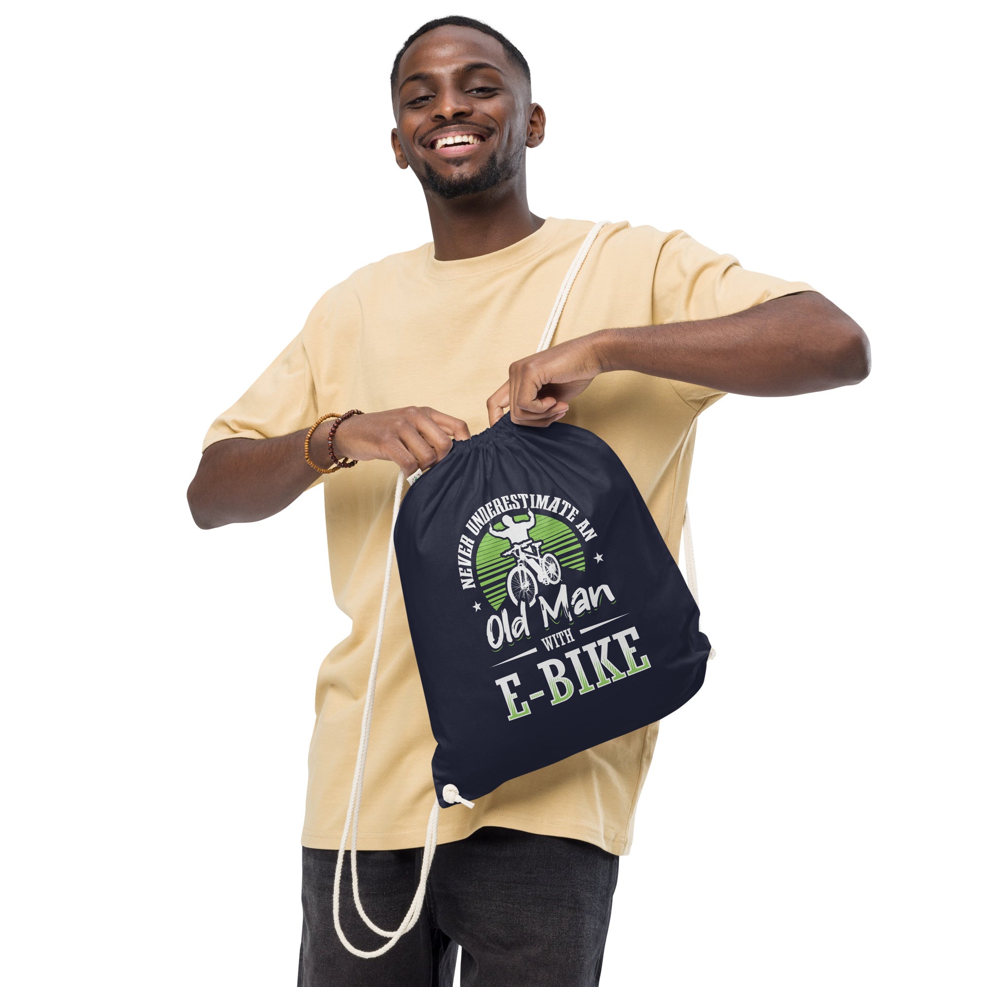Never Underestimate an Old Man with an E-bike EarthPositive EP76 Organic Cotton Drawstring Bag