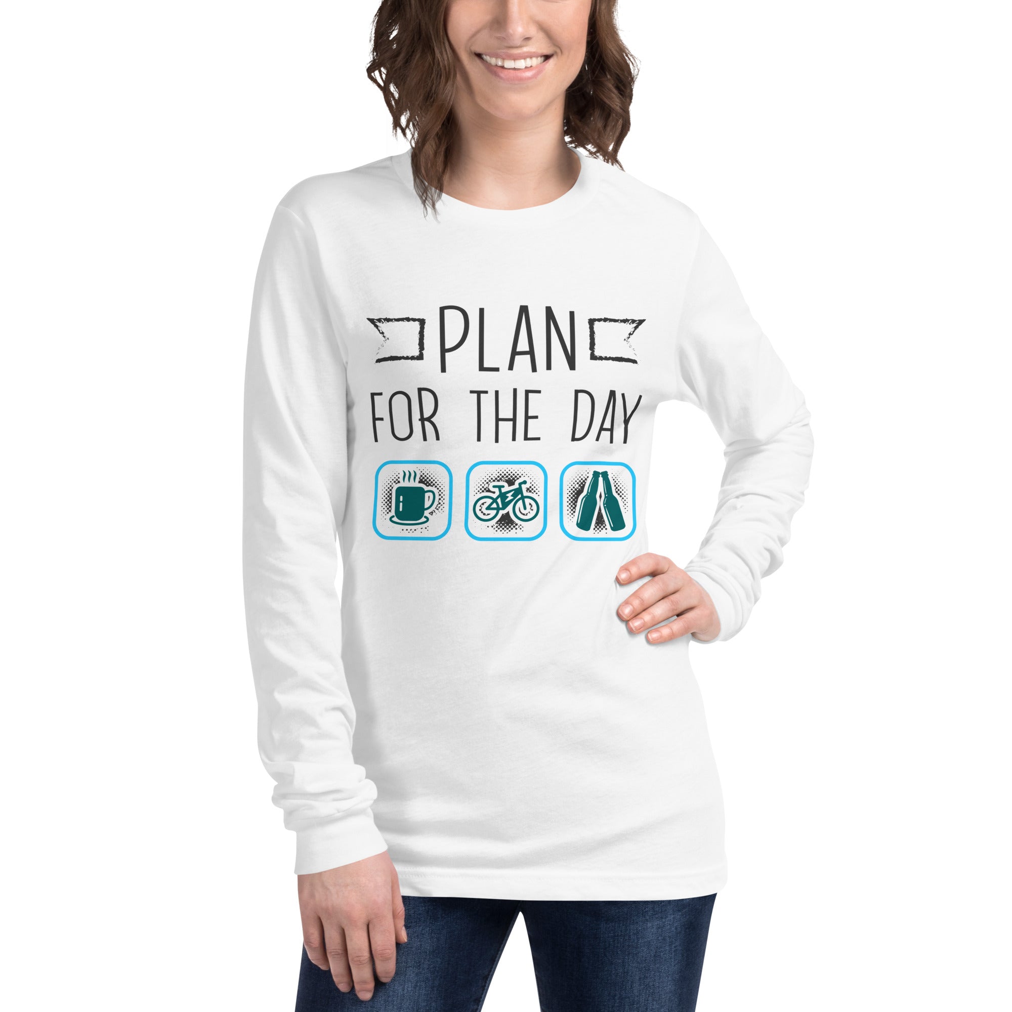 Plan for the Day "Coffee, E-bike, Beer" Bella + Canvas 3501 Women's Long Sleeve Tee White