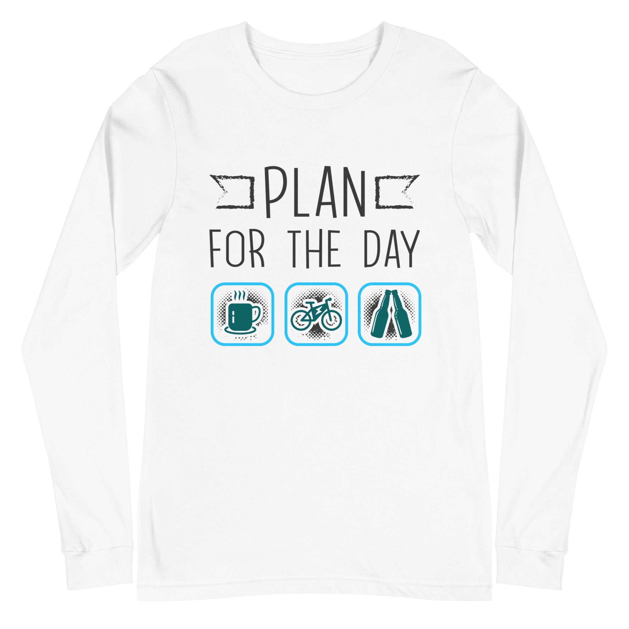 Plan for the Day "Coffee, E-bike, Beer" Bella + Canvas 3501 Women's Long Sleeve Tee White