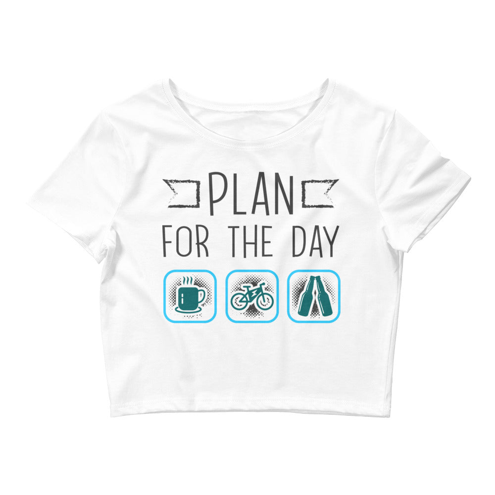 Plan for the Day "Coffee, E-bike, Beer" Bella + Canvas 6681 Women’s Crop Tee White