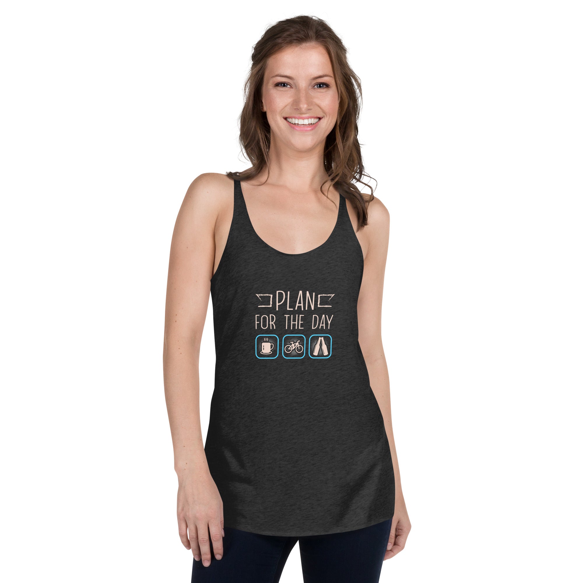 Plan for the Day "Coffee, E-bike, Beer" Next Level 6733 Women's Racerback Tank Top Black