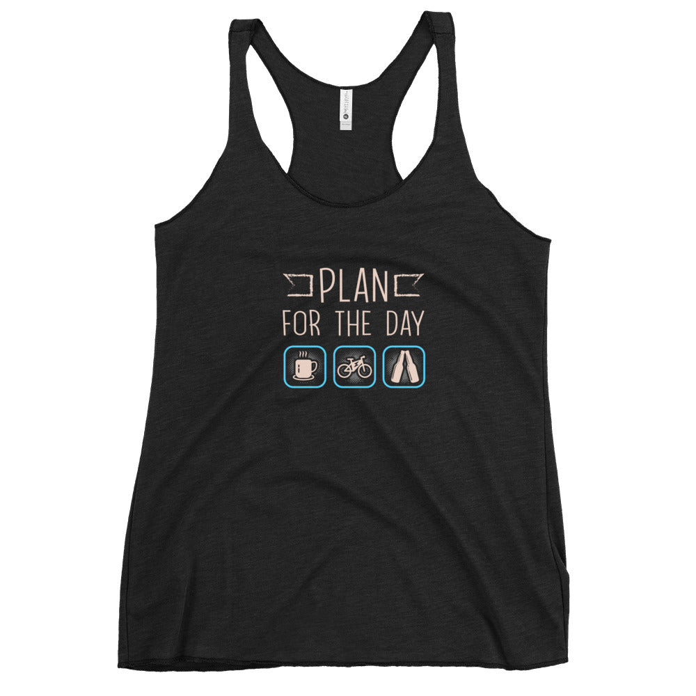 Plan for the Day "Coffee, E-bike, Beer" Next Level 6733 Women's Racerback Tank Top Black