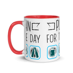 Plan for the Day "Coffee, E-bike, Beer" White Ceramic Coffee Mug with Color Inside