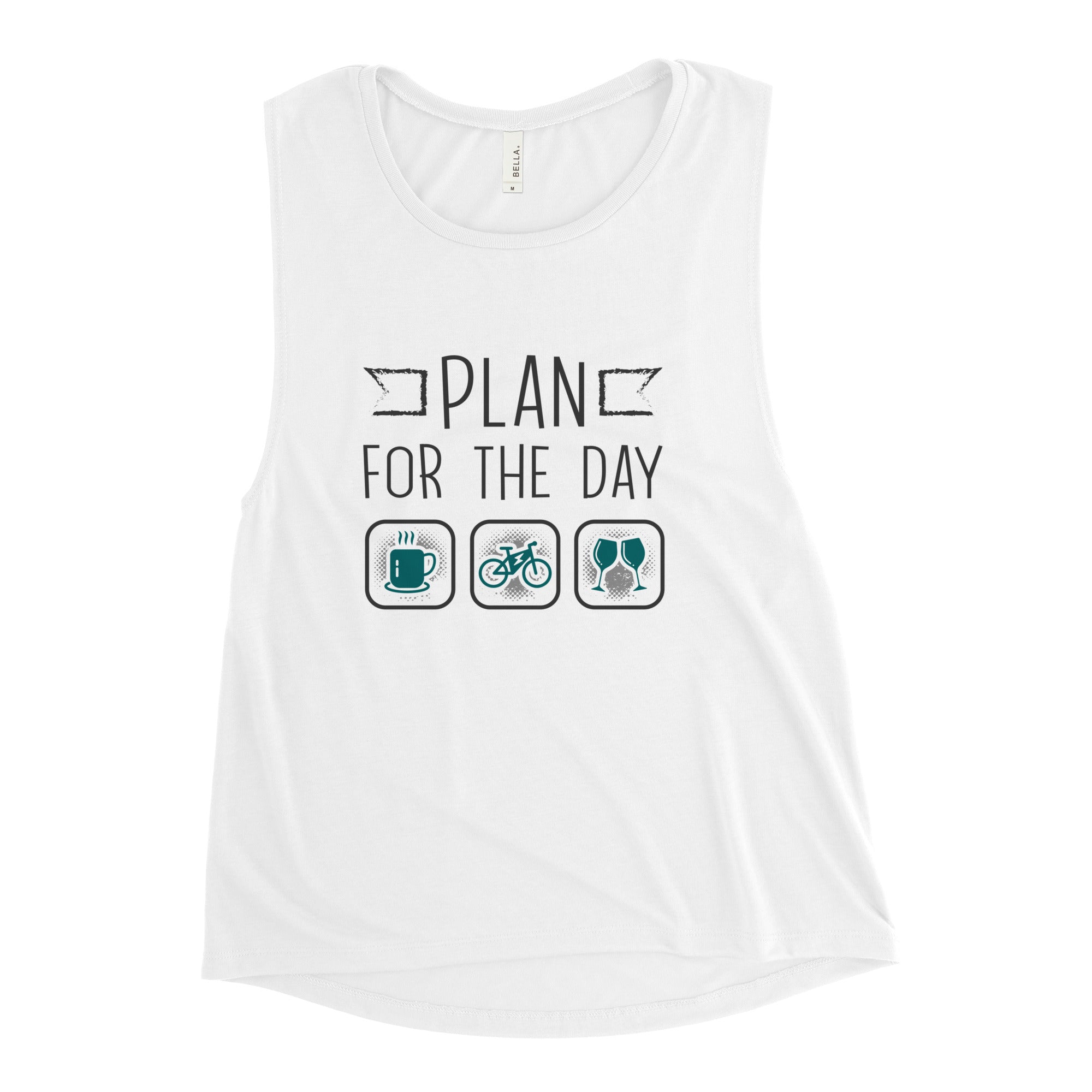 Plan for the Day "Coffee, E-bike, Wine" Bella + Canvas 8803 Women's Muscle Tank Top White