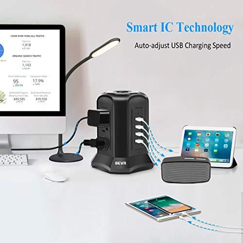 Power Strip Tower Surge Protector Flat Plug Desktop Charging Station with 9 AC Outlets 4 USB Ports Switch Control, 900 Joules, 6 ft Extension Cord for Office and Home, Dorm Room Black