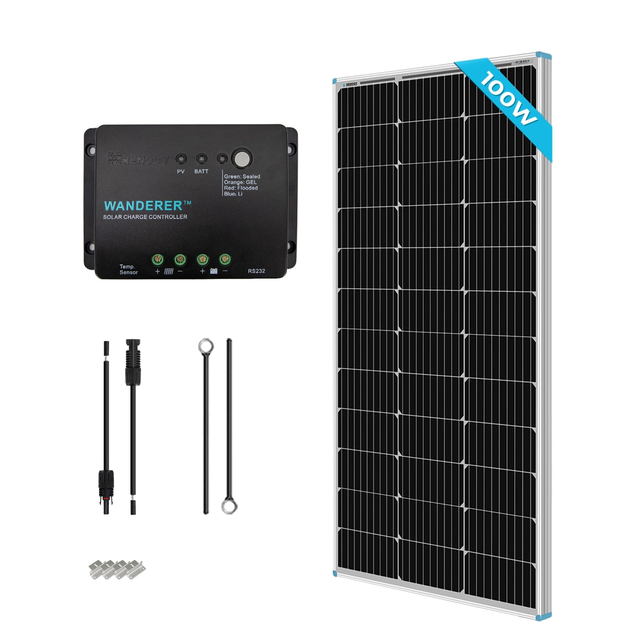Renogy 100W 12V Monocrystalline Solar Panel Starter Kit with Wanderer 30A Charge Controller