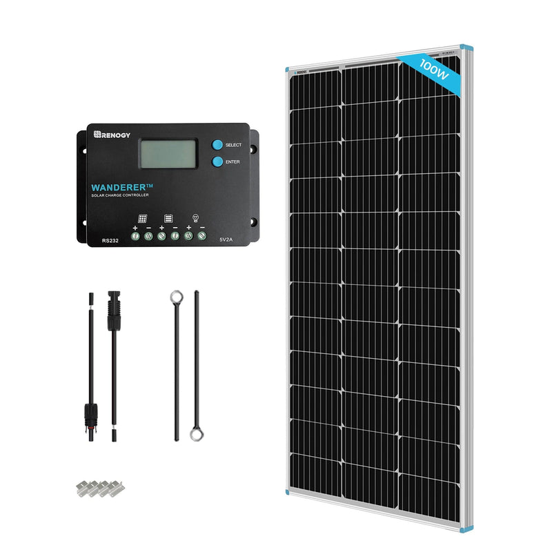 Renogy 100W 12V Monocrystalline Solar Starter Kit with Wanderer 10A Charge Controller