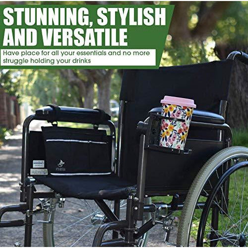 Wheelchair Side Bag with Large Cup Holder - Arm Rest Pouch and Drink CupHolder - Wheel Chair Accessories Organizers and Water Bottle Holder Fits Walkers, Rollators for Seniors and Handicap (Black)