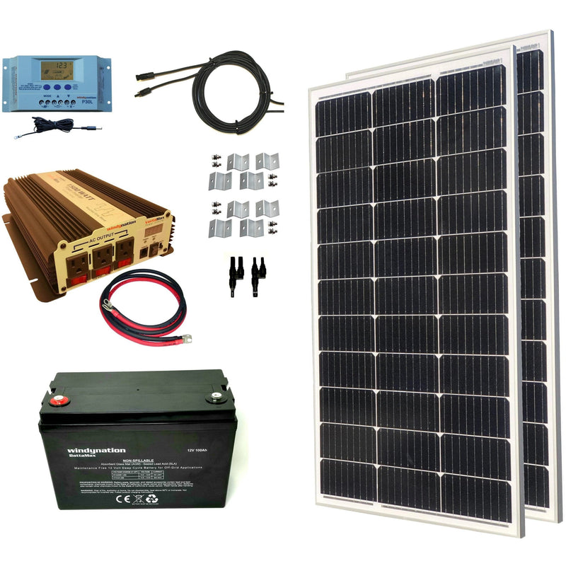 Windy Nation 1x 100Ah Battery + 1x P30L Charge Controller + 1x 1500W Inverter + 2x 100W Monocrystalline Solar Panel Complete Kit