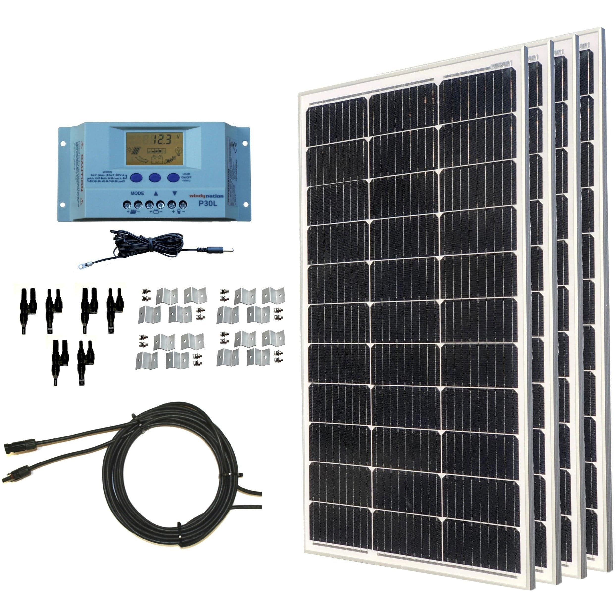 Windy Nation 1x P30L LCD Solar Charge Controller + 4x 100W Monocrystalline Solar Panel Kit