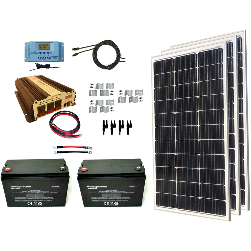 Windy Nation 2x 100Ah Battery + 1x P30L Charge Controller + 1x 1500W Inverter + 3x 100W Monocrystalline Solar Panel Complete Kit