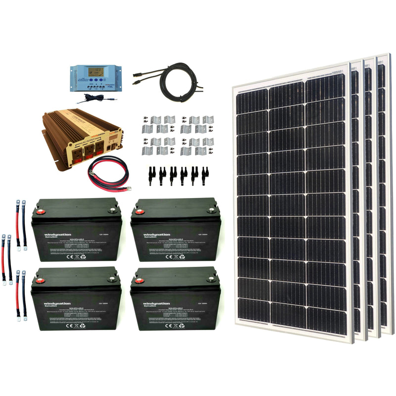 Windy Nation 4x 100Ah Battery + 1x P30L Charge Controller + 1x 1500W Inverter + 4x 100W Monocrystalline Solar Panel Complete Kit